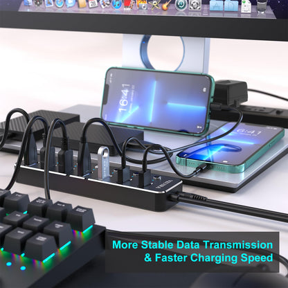 USB 3.0 Hub Powered, VKUSRA Aluminum 7 USB Port SuperSpeed USB Data Hub with 5V3A Power Adapter and Individual On/Off Switch for Surface Pro, Windows, PC Laptop, Desktop, NoteBook and More