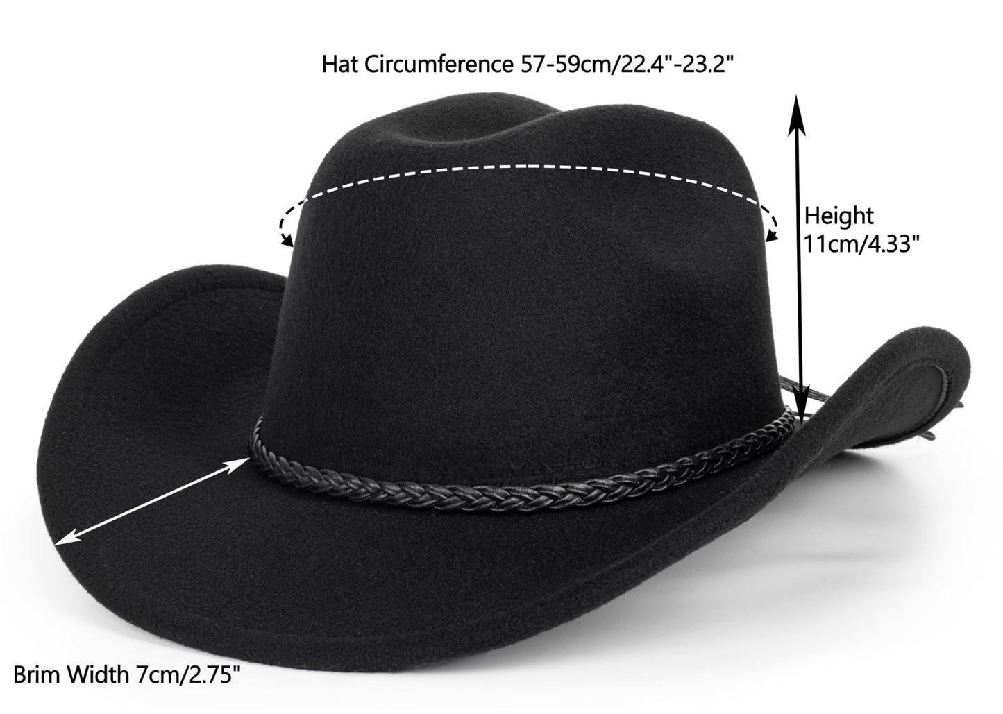 Retro Western Cowboy Hat for Men Women, Wide Brim Felt Cowgirl Fedora Hats with Braided Rope Band M