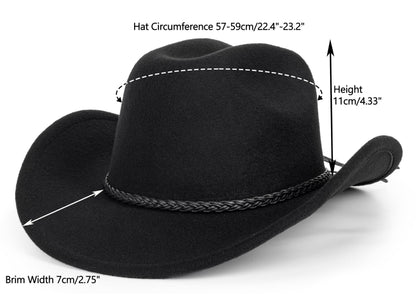 Retro Western Cowboy Hat for Men Women, Wide Brim Felt Cowgirl Fedora Hats with Braided Rope Band M