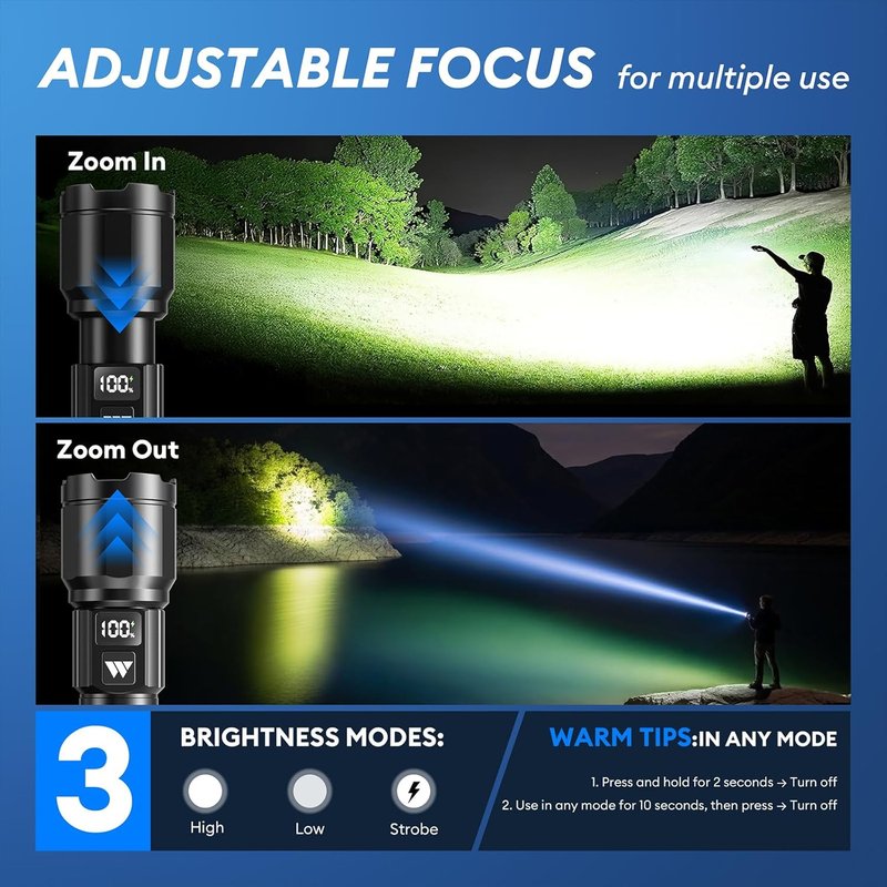 Rechargeable Flashlights - High Lumens LED Tactical Flashlight with LCD Power Display | Zoomable, 15H+ Runtime, IP65 Waterproof for Home & Camping