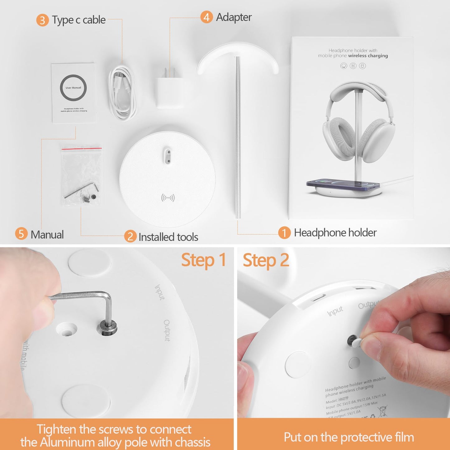 Headphone Stand with Wireless Charger, Gaming Headset Holder Hanger Rack 2 in 1 Wireless Charging Station Dock for iPhone 15/14/13/12/11 Series, AirPods Pro/3/2 and Desk All Headphones, White