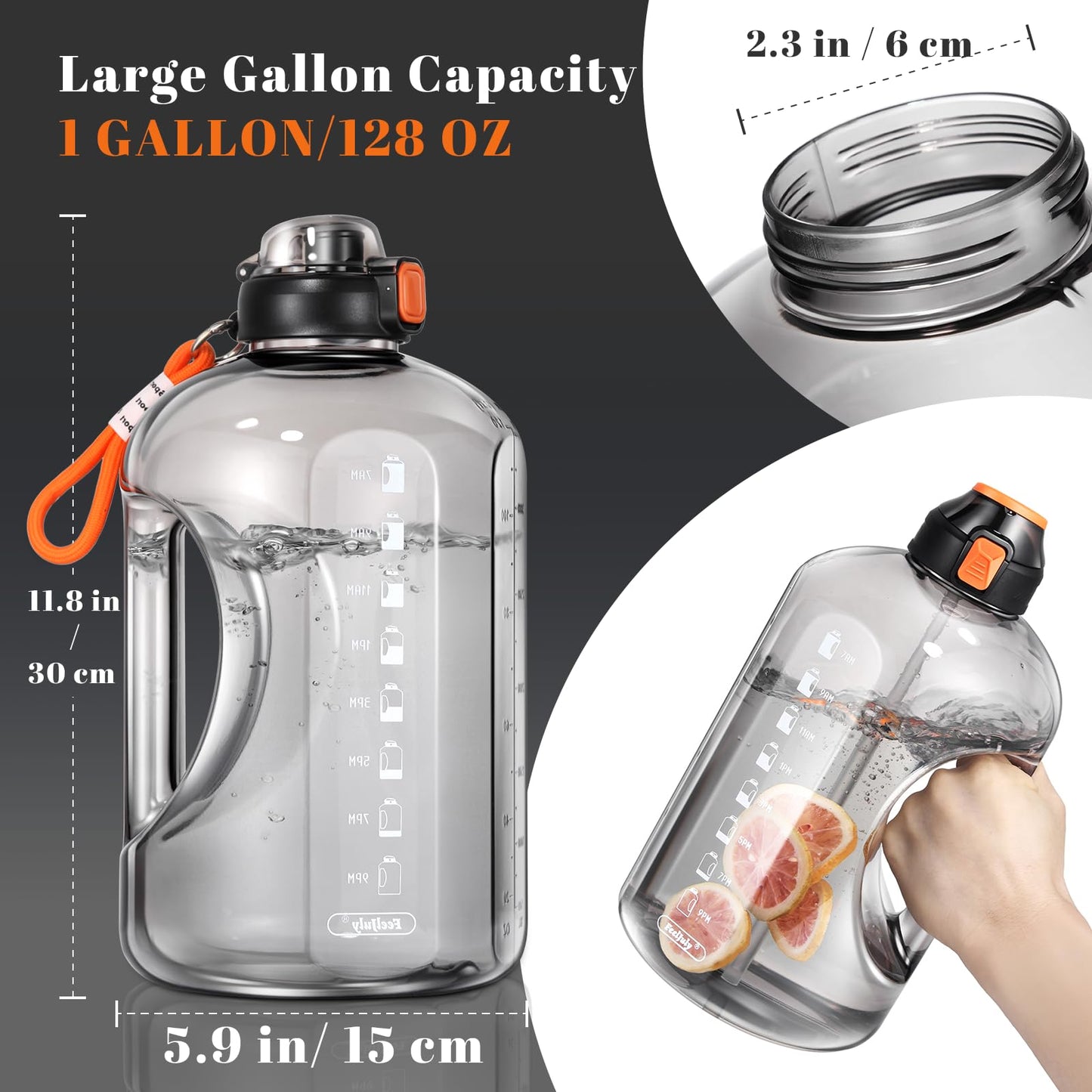 Feeljuly 1 Gallon Water Bottle with Straw, 128 oz Large Water Jug with Times to Drink, Reusable Leak Proof with Handle, 2 Lids BPA Free Big Sports Bottles for Fitness Gym Camping (Grey, 128 Ounces)