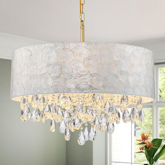 6-Lights Drum Capiz Shell Crystal Chandeliers, Coastal Style Pendant Light Fixture for Dining Room, Living Room, D24 x H23~71 inch(Adjustable), Shell Lampshade & Gold Finish