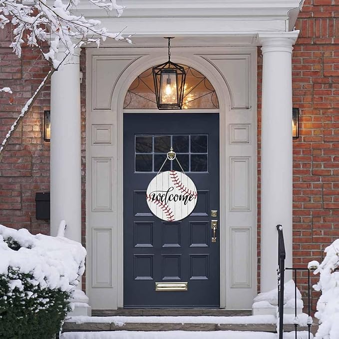 Welcome Sign for Front Door Welcome Baseball Door Sign 12In Wooden Wreath Wall Hanging Sign for Indoor Outdoor Seasonal Decor