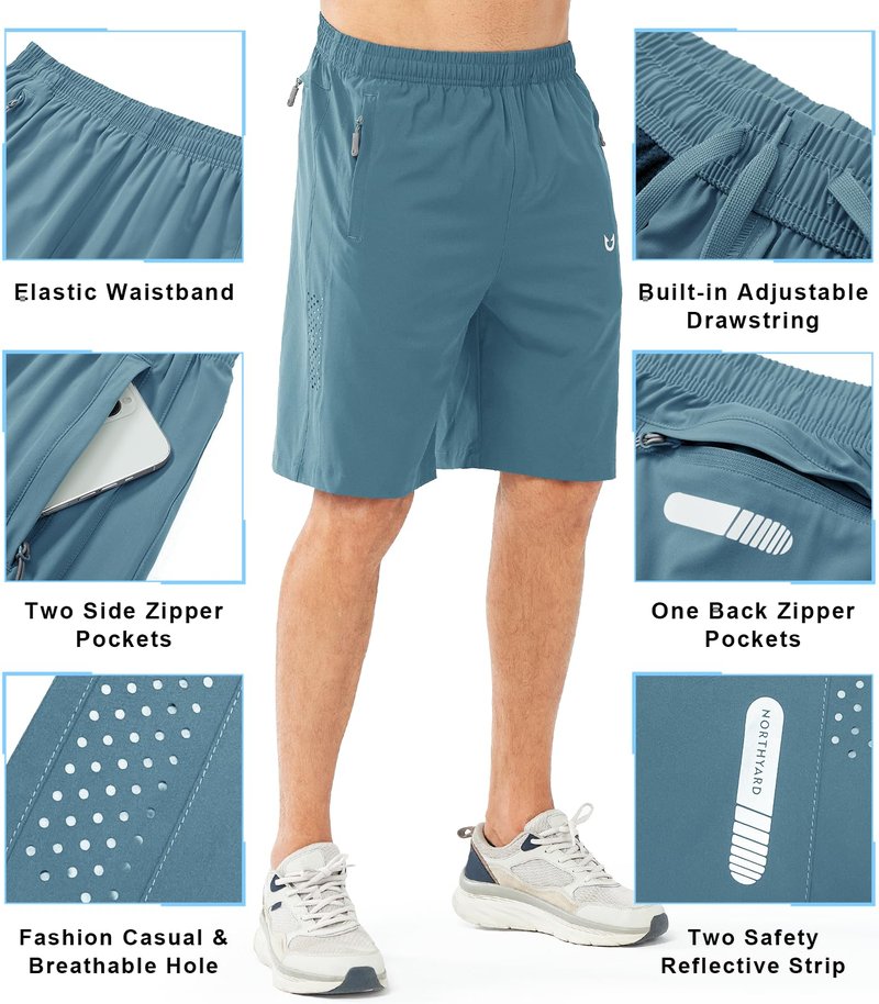 NORTHYARD Men's Athletic Running Shorts Gym Workout 7"/9"/5" Quick Dry Lightweight Sports Basketball Tennis 3 Zipper Pockets GREYBLUE-9inch M