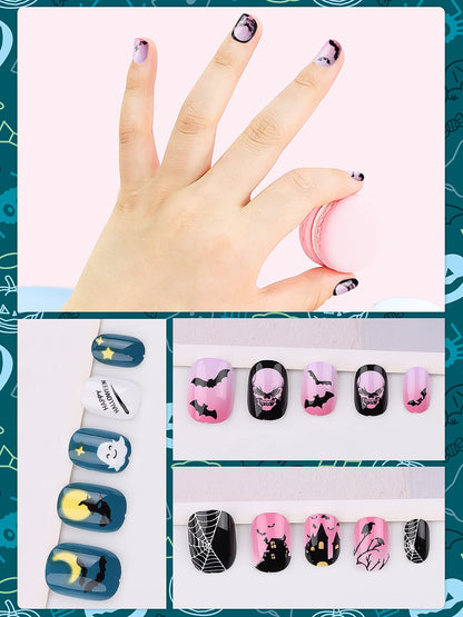 Kalolary 144 PCS Halloween Kids False Nails, Press On Children Nails kids Full Cover Short Fake Fingernail Kit, Halloween kids Fake Nails with Skull Bat Ghost Pattern for Girls Nail Art Decoration