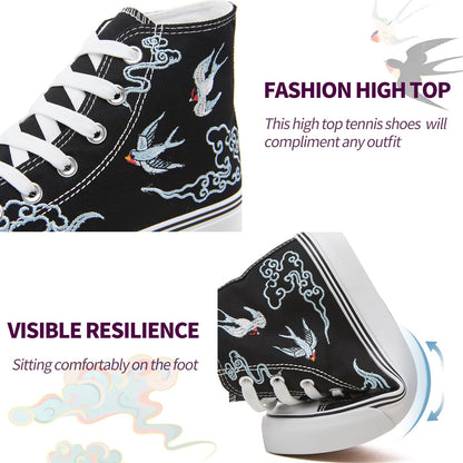 kufeiti Women's Embroidered High Top Canvas Sneaker Black Lace-up Comfortable Casual Fashion Sneaker(Black Lucky, US9)
