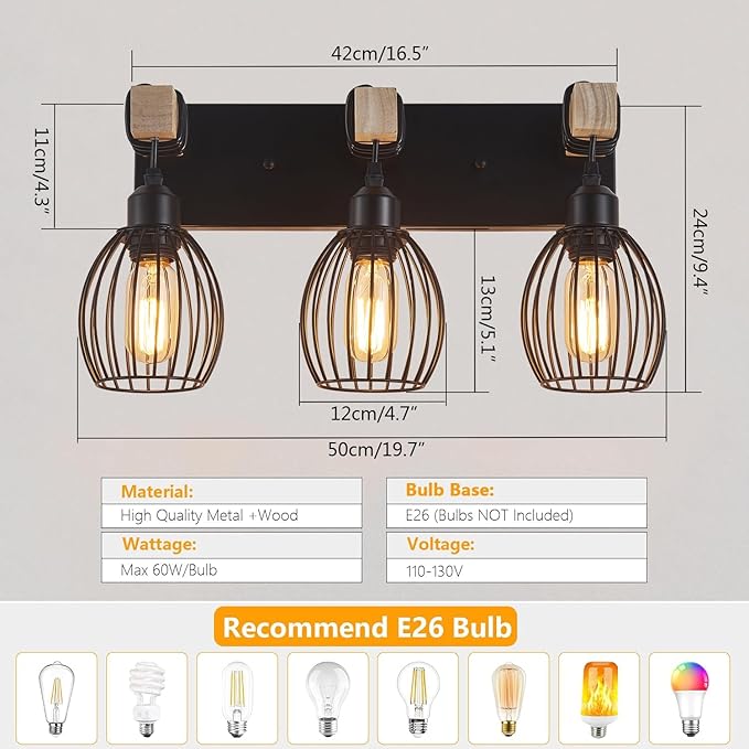 3-Light Farmhouse Vanity Light for Bathroom, Wood Wall Sconce with Elegant Teardrop Cage, Industrial Black Vanity Lights Over Mirror for Living Room Bedroom Hallway