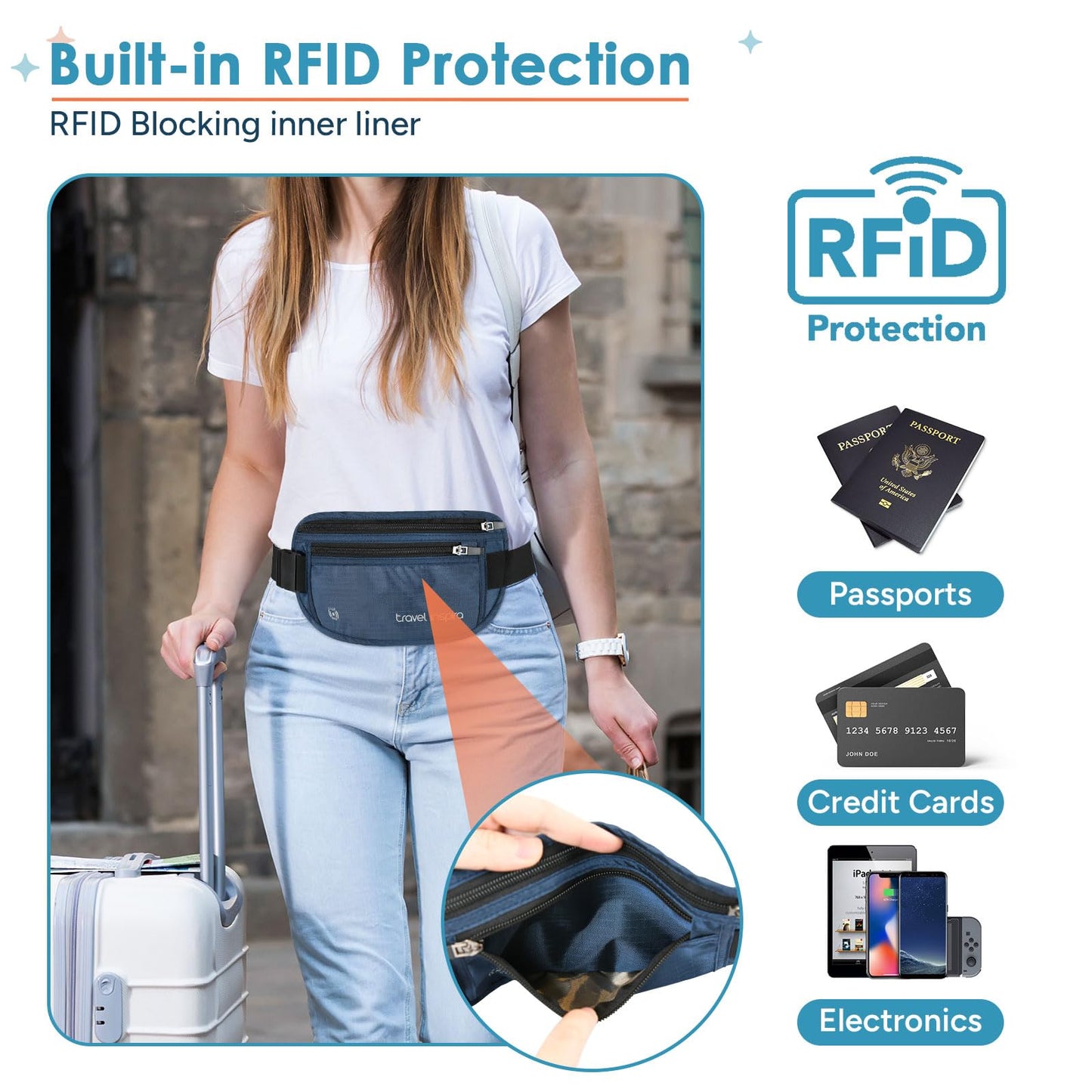 travel inspira Travel Money Belt with Slim Anti-Theft RFID Blocking Passport Holder for Travel Concealed under Clothes for Ultimate Protection of Credit Cards, Cash, Passport & Documents, Navy Blue
