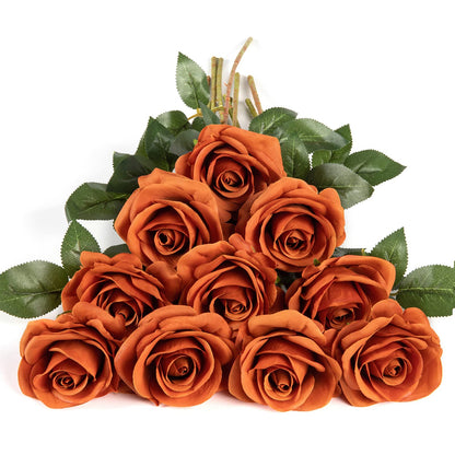 DuHouse 10Pcs Artificial Roses Fake Silk Flowers Realistic Bridal Bouquets with Single Long Plastic Stems for Arrangement Wedding Table Centerpiece Party Home Decor(Burnt Orange)