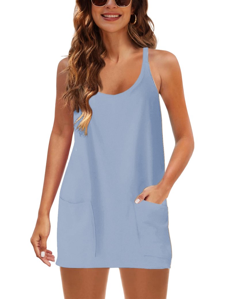 Lentta Womens Athletic Sleeveless Mini Dress with Built-in Shorts V Neck Spaghetti Strap Sundress(OxygenBlue-XL)