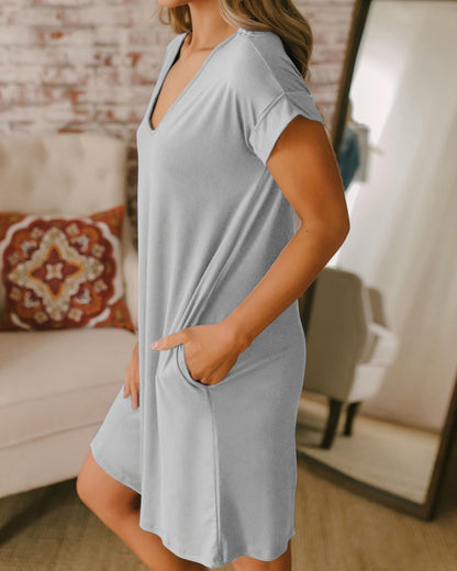 BTFBM Women Summer T Shirt Dresses 2025 Spring Short Sleeve V Neck Loose Casual Short Vacation Dress Pajamas Pockets(Grey, Large)