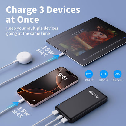 2-Pack Portable Charger, Slimmer 10000mAh 15W Power Bank, USB C in&Out Fast Charging Battery Pack, External Portable Power Bank for iPhone 16 15 14 13 12 iPad Airpods Samsung S23 S22 Pixel etc