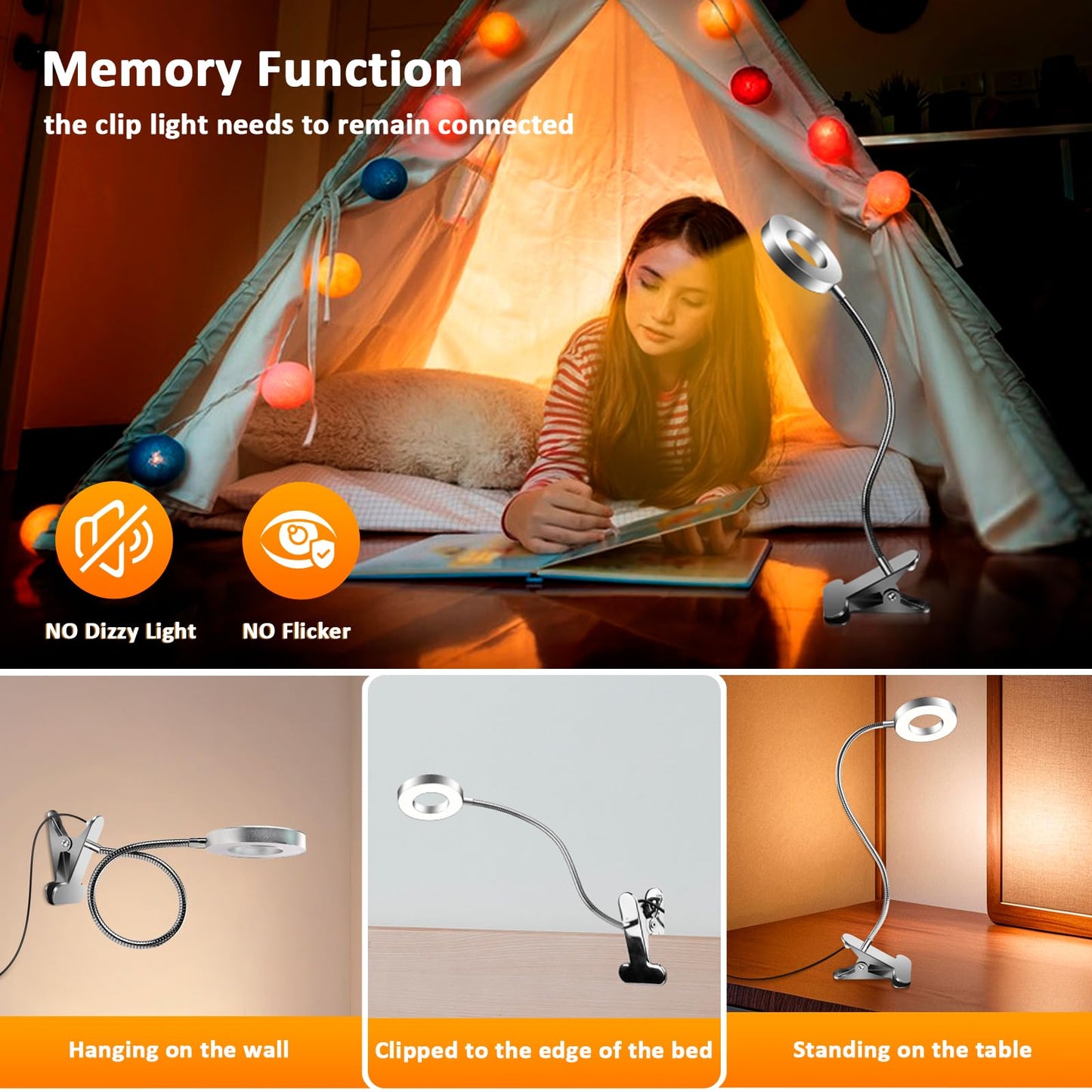 7W Clip On Ring Light with USB Cable, 3 Colour Changing & 10 Brightness, 48 LED Gooseneck Bed Light, Nail Art Ring Lamp Clip on Desk, Flexible Desk Beauty Lamp, Silver