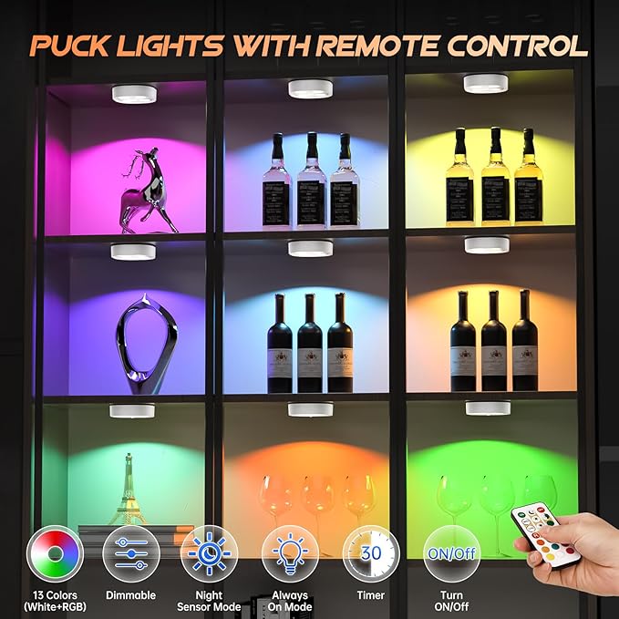3PCS Motion Sensor Step Light, Wireless Rechargeable Puck Lights with Remote, Under Cabinet Lights with 3 Colors&RGB, Magnet Stick on Light for Closet, Hallway, Stairway, Bathroom, Bedroom, Kitchen