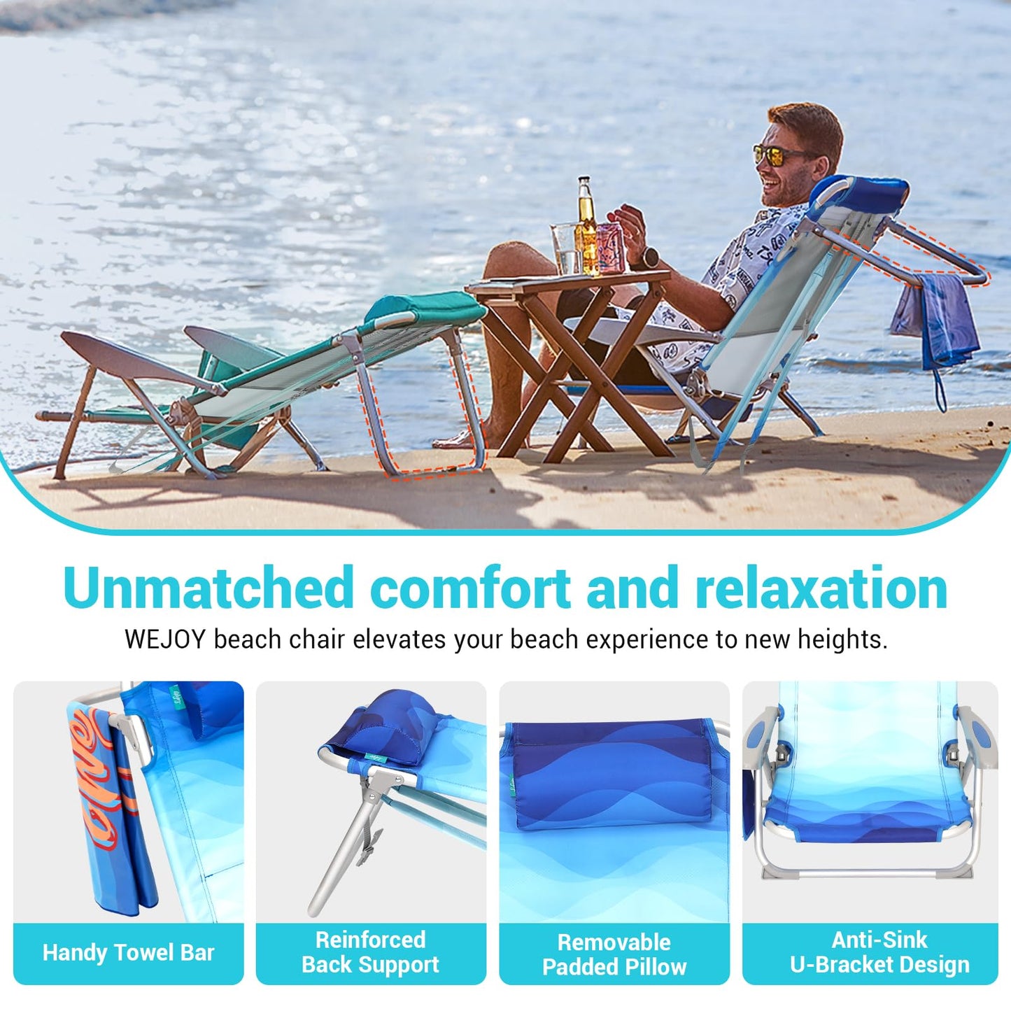 #WEJOY Lightweight Low 2 Pack Beach Chair for Adults, 4-Position Aluminum Folding Camping Chairs with Shoulder Strap, Cup Holder and Padded Headrest, Supports 265lbs for Lawn Outdoor Blue Pattern