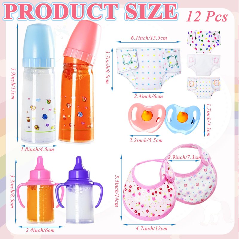 Kuihaazi 12PCS Baby Doll Accessories Set,Doll Pretend Play Feeding Toys,Baby Doll Feeding Include Disappearing Milk and Juice Bottles,Pacifier,Bibs,Diapers