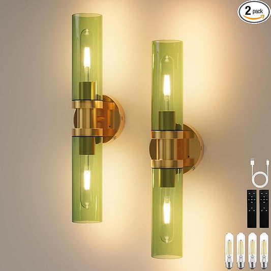 Rechargeable Battery Wall Sconce Set of Two, 8000mAh Cordless, Dimmable, Timer, Remote, Touch Control, USB-C Charging for Living Room, Bedroom Gold with Green Lampshade (Include 4 Special Bulbs)