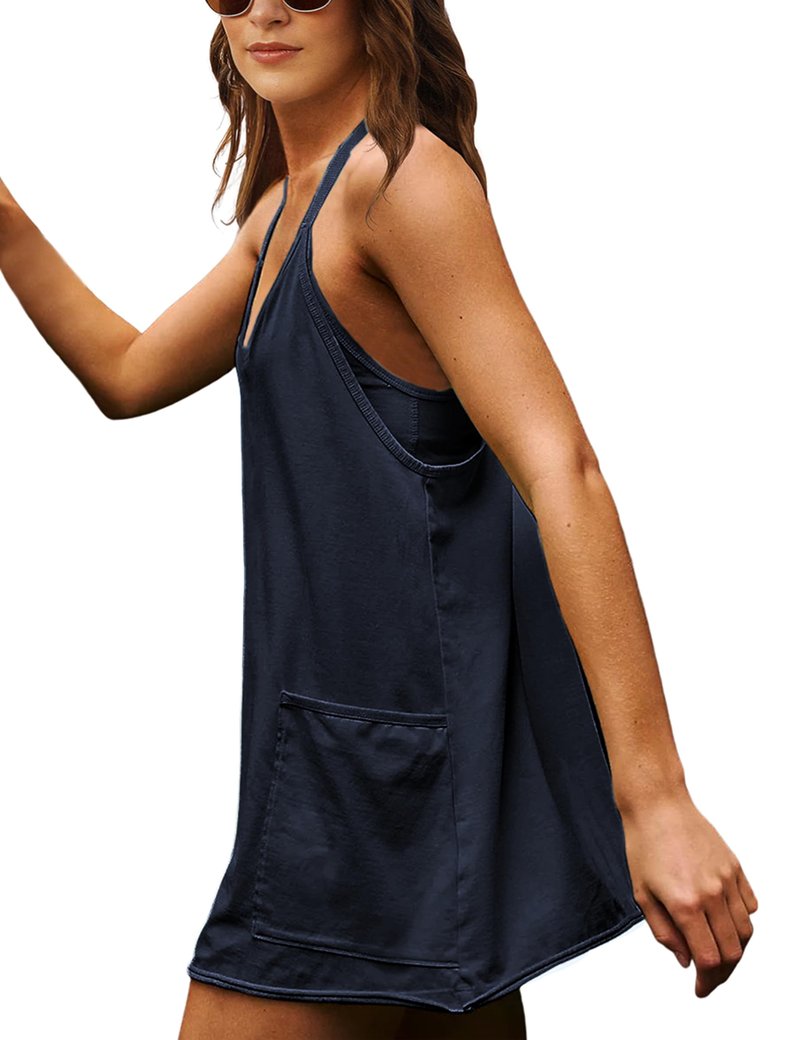 Lentta Womens Athletic Sleeveless Mini Dress with Built-in Shorts V Neck Spaghetti Strap Sundress(DarkBlue-XS)