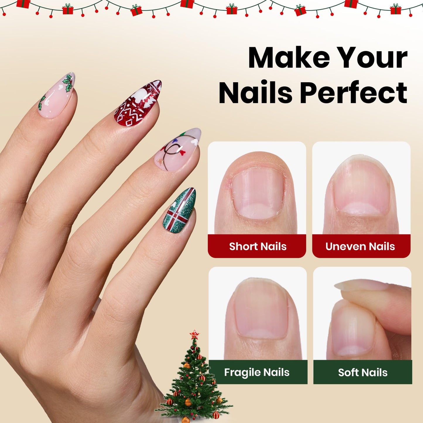 Beetles Gel Nail Tips Etch-X, Almond Short Christmas Limited Set, 288pcs 12 Sizes, Pre-Etched Half Matte Full Cover Soft Acrylic False Nail Tips Almond Shape Easy DIY Extension Salon Gift for Women