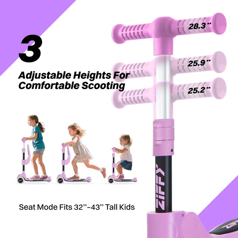 JOVA ZIFFY LED Light-up 3 Wheel Scooter, 2-in-1 Scooter for Kids, Anti-Slip Surface, Adjustable Height Handlebars and Foldable Seat, Toys for Kids Ages 3-12, Purple (Up to 110 Lbs)