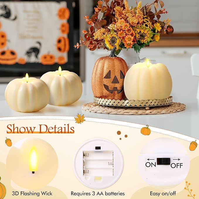 Retisee 3 Pcs Flameless Thanksgiving LED Candle Fall Light up Pumpkin Flameless Candles with Timer Remote Control, 4" 6" h Autumn Farmhouse Rustic Harvest Decor for Home Party(Ivory)