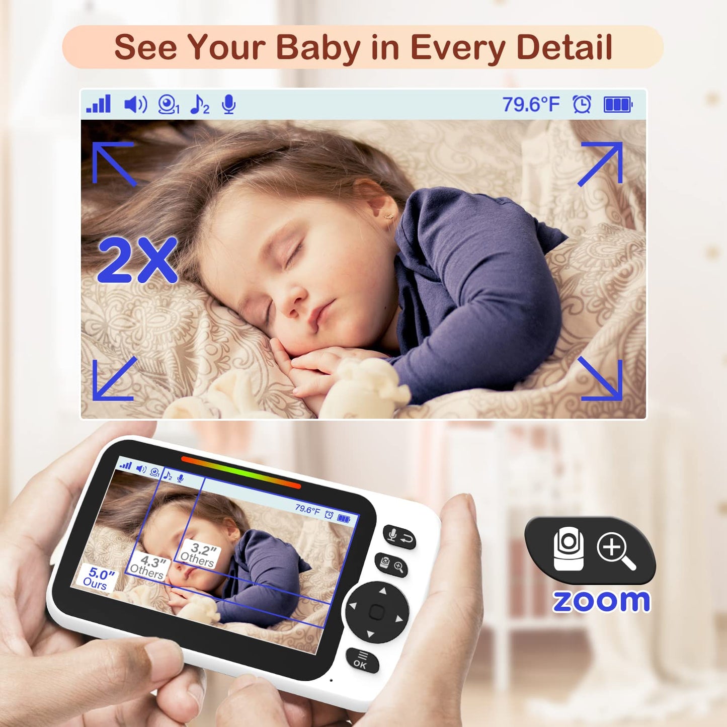 Blemil 5" Split-Screen Baby Monitor with 30-Hour Battery, Large Video Baby Monitor with Camera and Night Vision, Remote Pan/Tilt/Zoom Camera, Two-Way Talk, Lullabies, No WiFi,Up to 1000ft