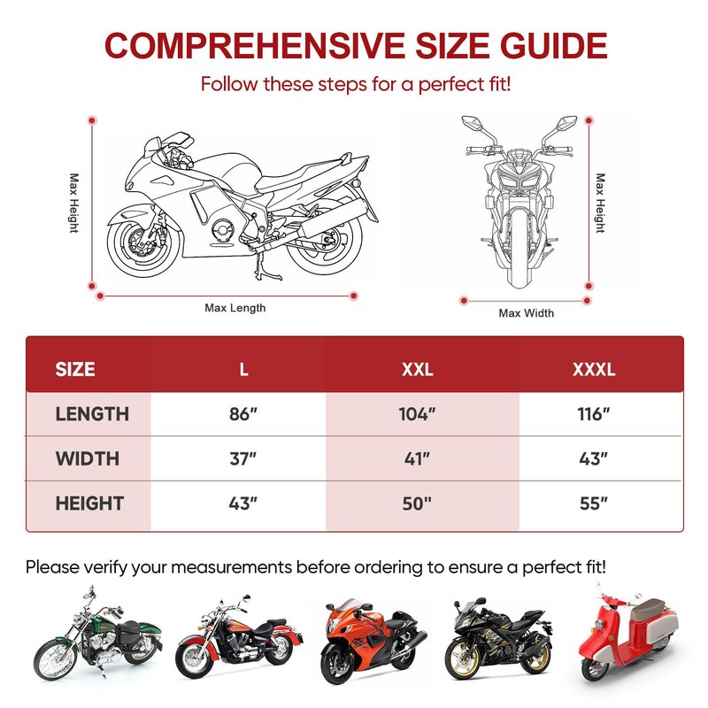 NEVERLAND Motorcycle Cover Waterproof Outdoor - All Season Scooter Covers Heavy Duty with 2 Lock-Holes, Bandage & Storage Bag Fits Most Motorcycles, Scooters, Dirt Bikes, Sportbikes (Up to 86”)