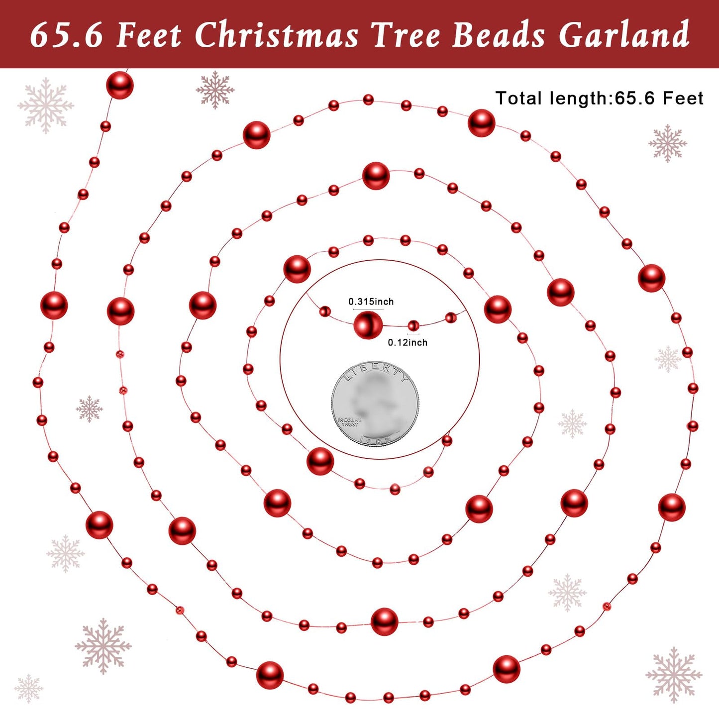 Pangda 65.6 ft Artificial Pearl Beads Garland for Christmas Tree Plastic Beaded String Strands Chain Ornament for Wedding Halloween Party Decoration Bridal Bouquet Craft Flower DIY Supplies(Red)