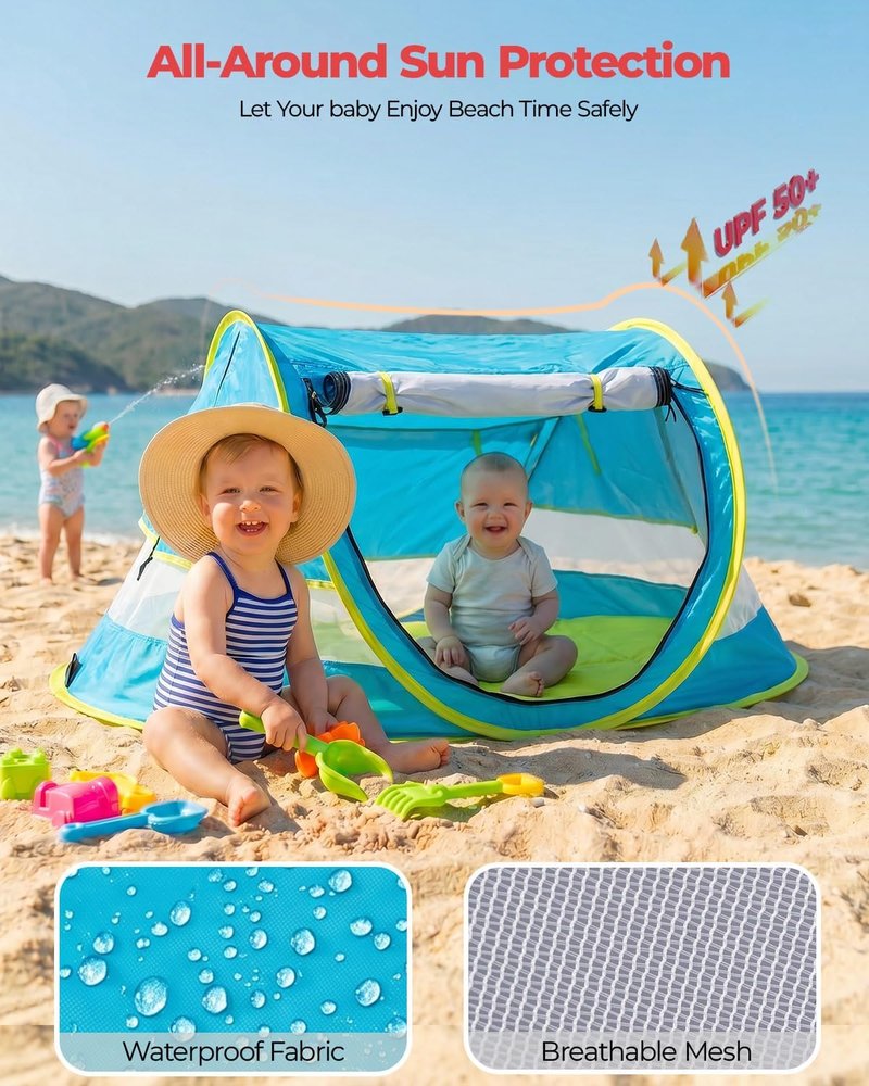Portable Baby Beach Tent - UPF 50+ Sun Shelter with Mosquito Net | Ideal Pop-Up Kids Travel Tent with Carry Bag & 2 Stakes