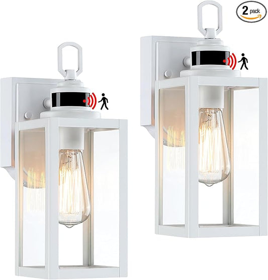 GRUENLICH Dusk to Dawn Outdoor Wall Lantern, PIR Motion Sensor Wall Sconce, E26 Base Max 60W, Metal Housing Plus Glass, White Finish, Bulb Not Included, 2-Pack