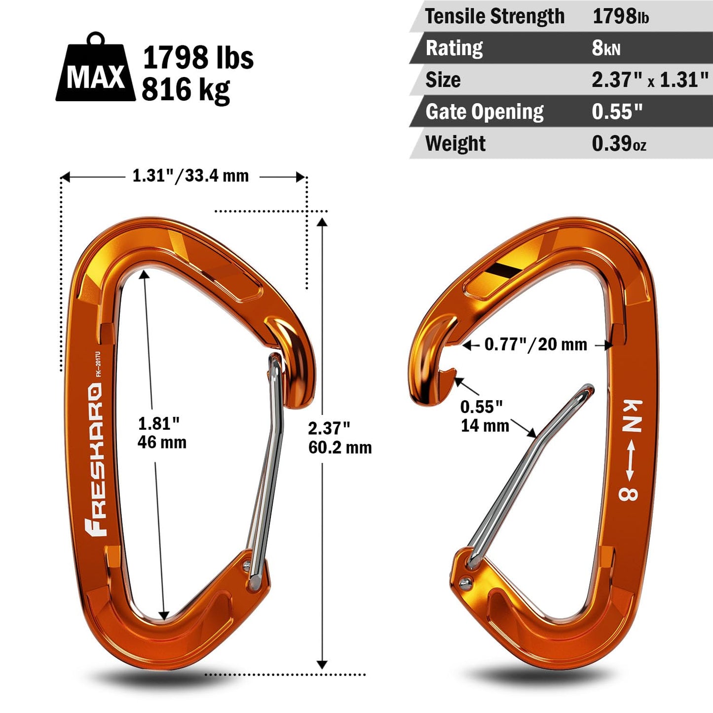 FresKaro 5pack Carabiner Clips Heavy Duty, Small Sturdy Key Keychain Accessory, Strong High Strength 8kN/1798lbs, Wire Gate, Ultra Lightweight, 7075 Aluminum, Rust Free, D-Shape, Orange