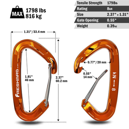 FresKaro 5pack Carabiner Clips Heavy Duty, Small Sturdy Key Keychain Accessory, Strong High Strength 8kN/1798lbs, Wire Gate, Ultra Lightweight, 7075 Aluminum, Rust Free, D-Shape, Orange