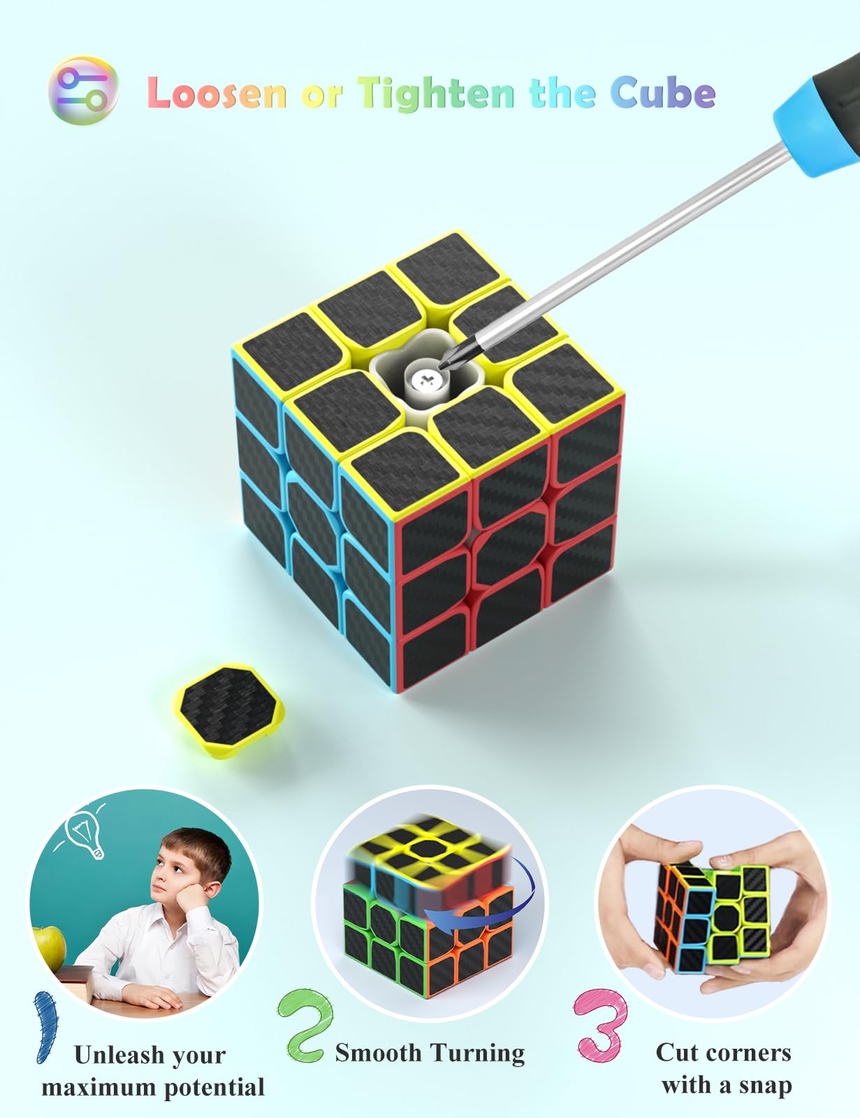 ROXENDA Speed Cube Set, 2X2 3X3 4X4 Pyramid Cube Stickerless with Instruction [4 Pack] (Carbon Fiber Cube Set)