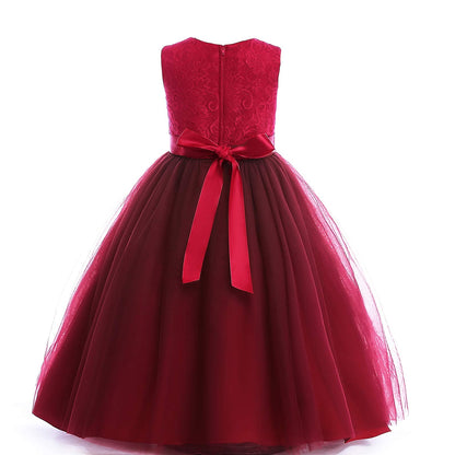 Glamulice Flower Girls Lace Bridesmaid Dress Long A Line Wedding Pageant Dresses Tulle Party Gown Girl Kid Elegant Holiday Evening Formal Princess Birthday Dance Ball Gown Christmas Red Wine 8 Prom