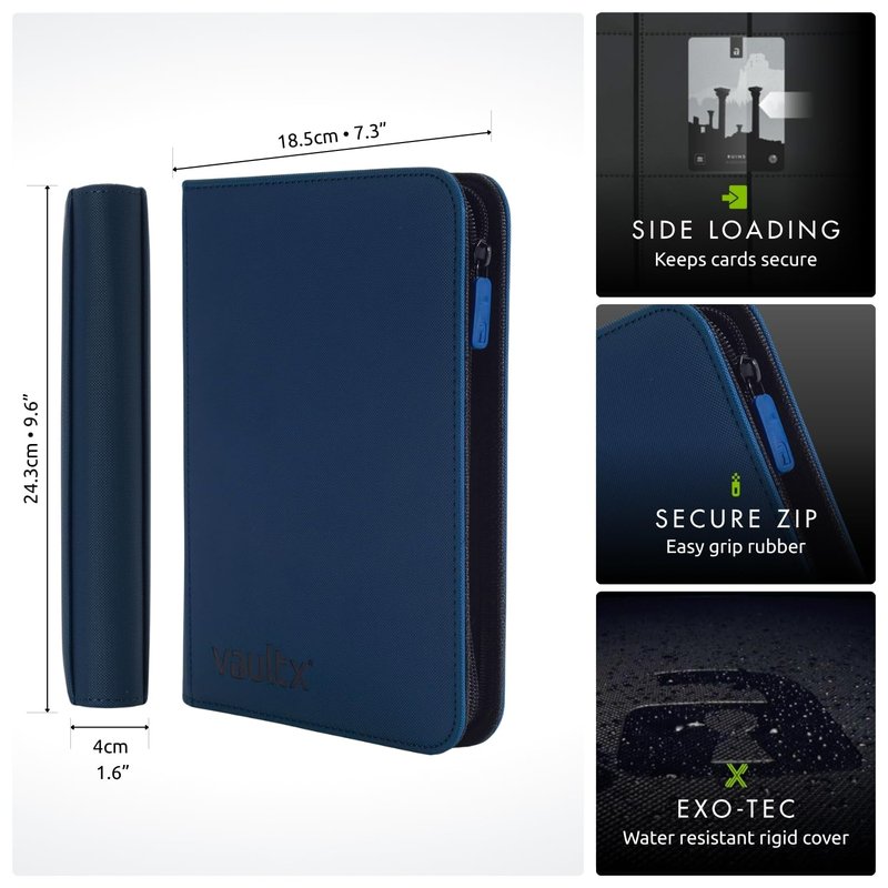 Vault X 4 Pocket Zip Binder, 160 Cards, Exo-Tec Material, 20 Side-Loading Pages (Blue)