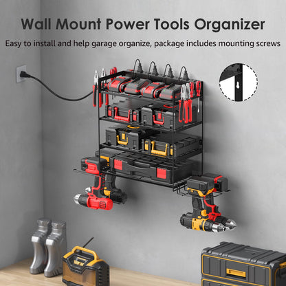 CCCEI Garage Tools Storage with Charging Station. Power Tool Battery Organizer Utility Shelf with Power Strip. 4 Drills Holder Wall Mount Rack, Black 4 Layer.