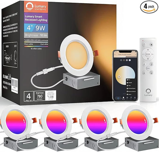 Lumary Smart Recessed Lighting 4 Inch with Remote, Compatible with Alexa/Google, Canless WiFi Led Wafer Recessed Lights, RGBWW Ceiling Downlight with J-Box and Metal Anti-Glare Baffle Trim, 4PACK
