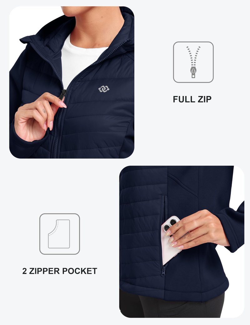 MoFiz Women's Insulated Running Jackets Puffer Hybrid Down Jacket Hiking Stretch Zip Pockets Fleece Lined with Hoodie Cold Weather Navy M
