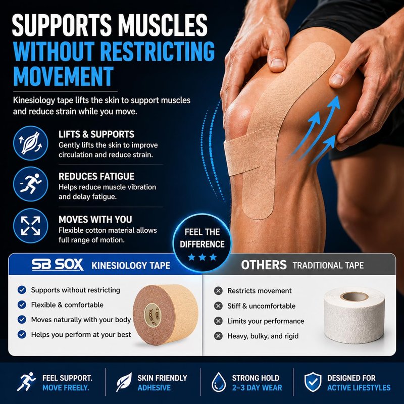 SB SOX Original Cotton Kinesiology Tape Roll – Best Latex Free Athletic Tape for Muscles/Joints – Waterproof, Stretchy, and Gentle on Skin (16ft)