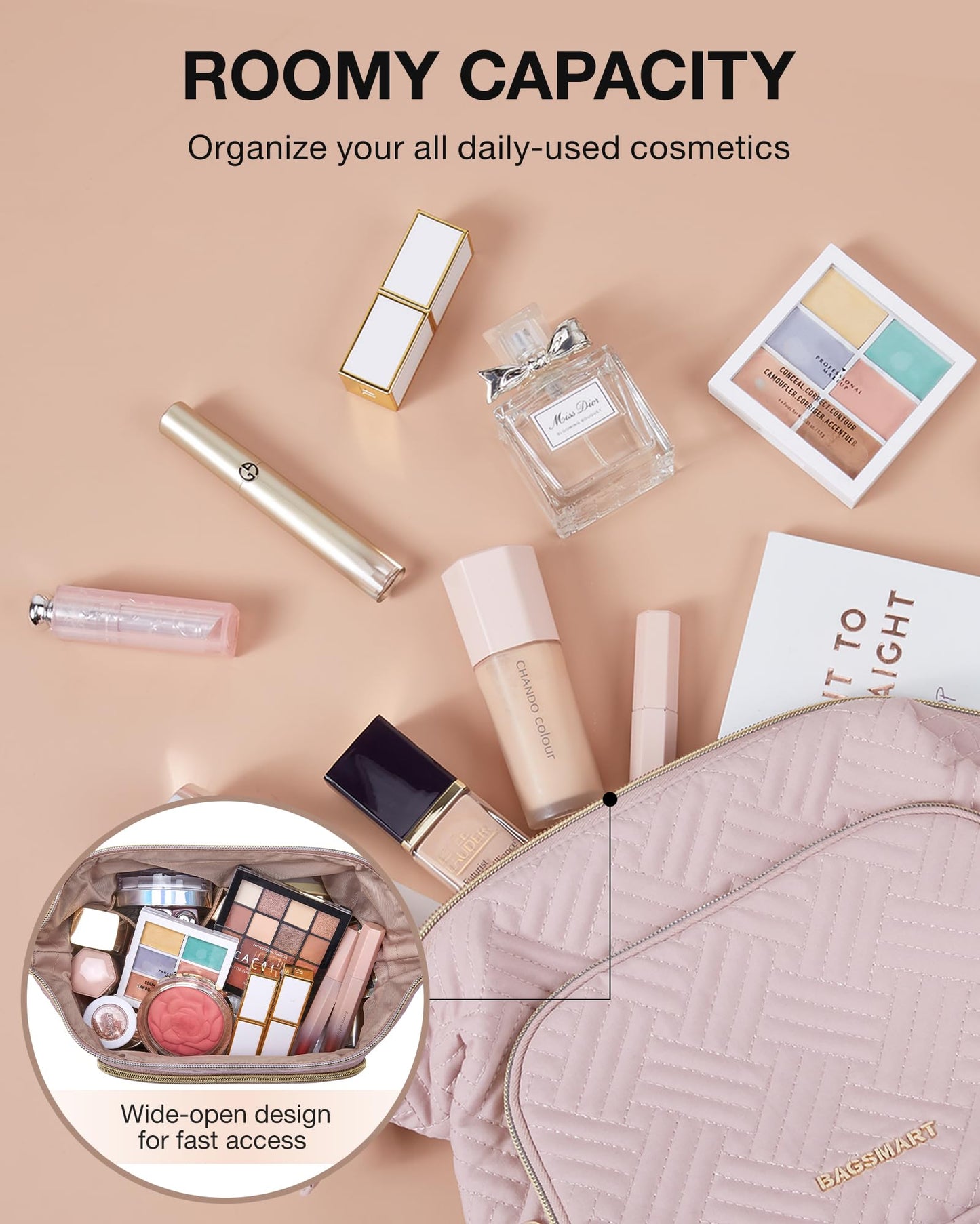 BAGSMART Travel Makeup Bag, Cosmetic Bag Make Up Organizer Case,Large Wide-open Pouch for Women Purse for Toiletries Accessories Brushes Pink