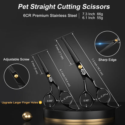 CIICII Dog Grooming Scissors Kit, 10-in-1 Professional Pet Grooming Scissors Set with Safety Round Tip (Dogs/Cat Hair Cutting Trimming Thinning Shears with Curved Scissor) for DIY Home Salon (Black)