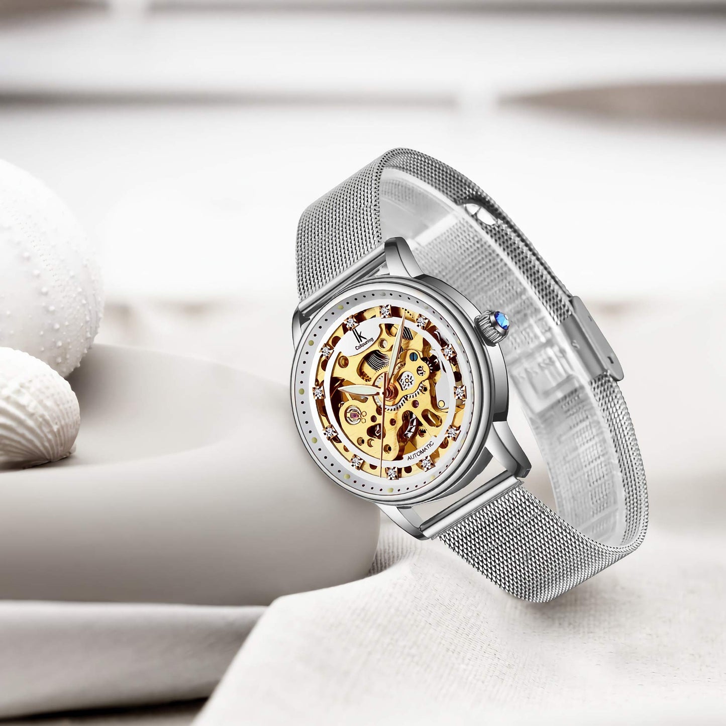 Gute Women's Watch Luxury Mechanical Stainless Steel Skeleton Steampunk Automatic Self Winding Mesh Band Wristwatch