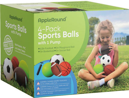 AppleRound 4-Pack Sports Balls for Toddlers & Kids with Pump – 5-Inch Soccer Ball, Basketball, Playground Ball & 6.5-Inch Football – Soft Small Balls for Indoor/Outdoor Play (Ages 2-7)