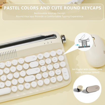 YUNZII Upgraded Wireless Typewriter Keyboard,with Retro Integrated Stand,USB-C/Bluetooth,Cute Round Keycaps, USB-C/Bluetooth Connection for Table, Phone, PC and Win/Mac/Android (B309, Baby Pink)