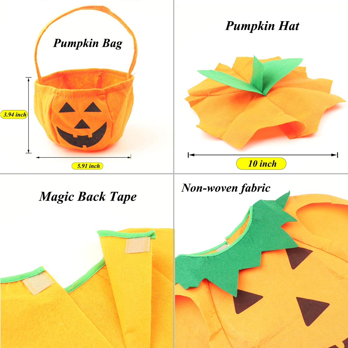 CLOOOUDS 3PCS Halloween Pumpkin Costume for Kids Children Halloween Pumpkin Cosplay Party Clothes With A Hat,A Bag