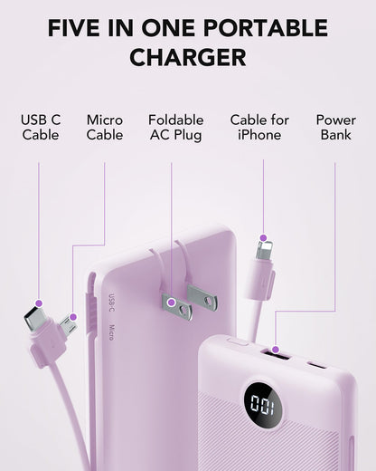 VRURC Portable Charger Built-in Cables and AC Wall Plug, USB C Power Bank 10000mAh, Travel Essentials Phone Charger Compact Lightweight External Battery Pack for Smart Phones, Tablets etc-Pink