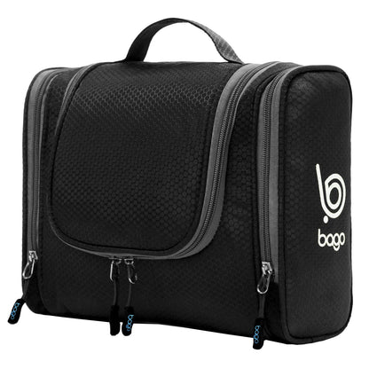 Bago Travel Hanging Toiletry Wash Bag - Large Waterproof Organizer for Women and Men - Cosmetic Essentials (Black)
