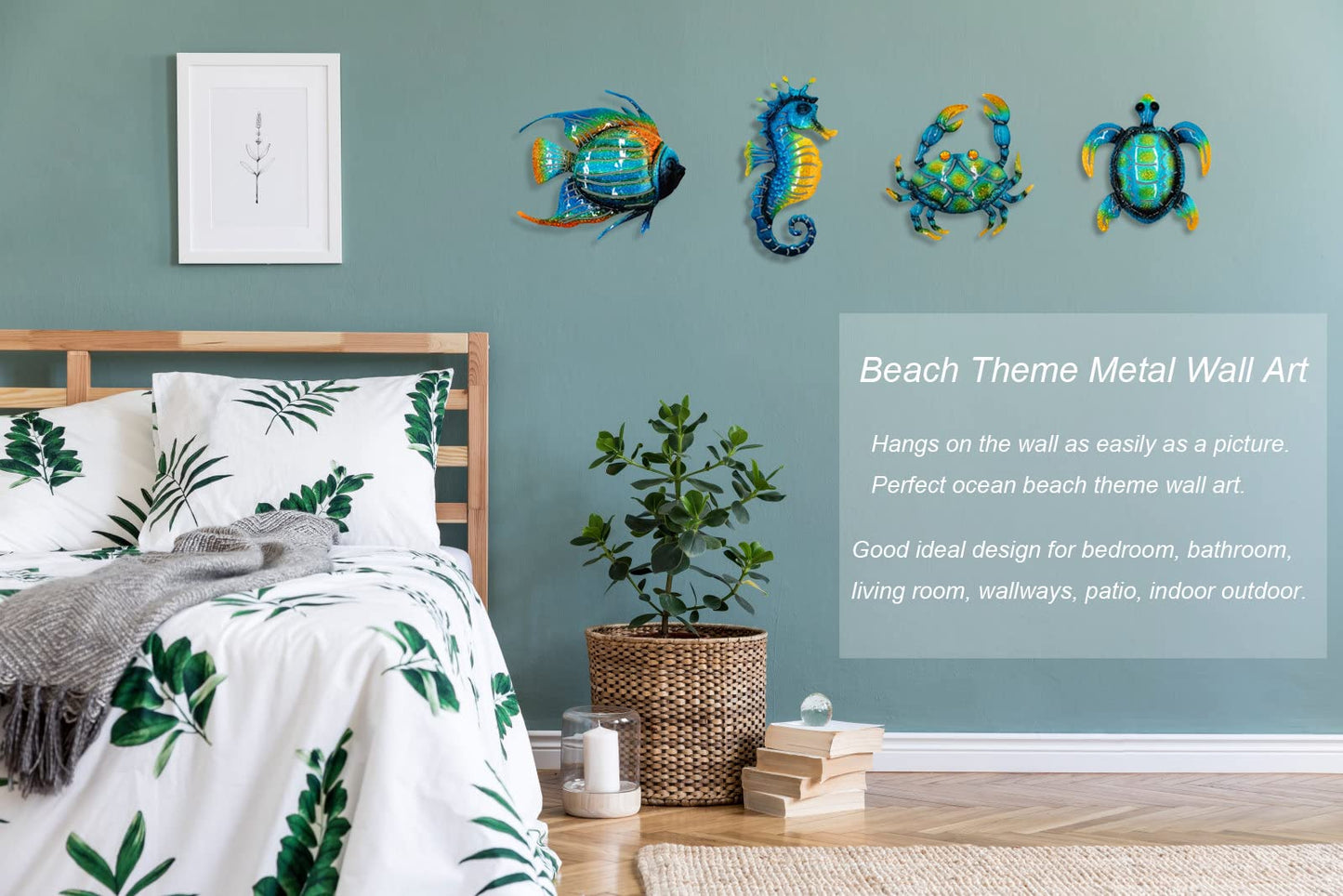 Meduofon Set of 4 Blue Metal Outdoor Wall Art Decor, Turtle, Fish, Crab, Seahorse, Coastal Style, Suitable for Indoor/Outdoor Use