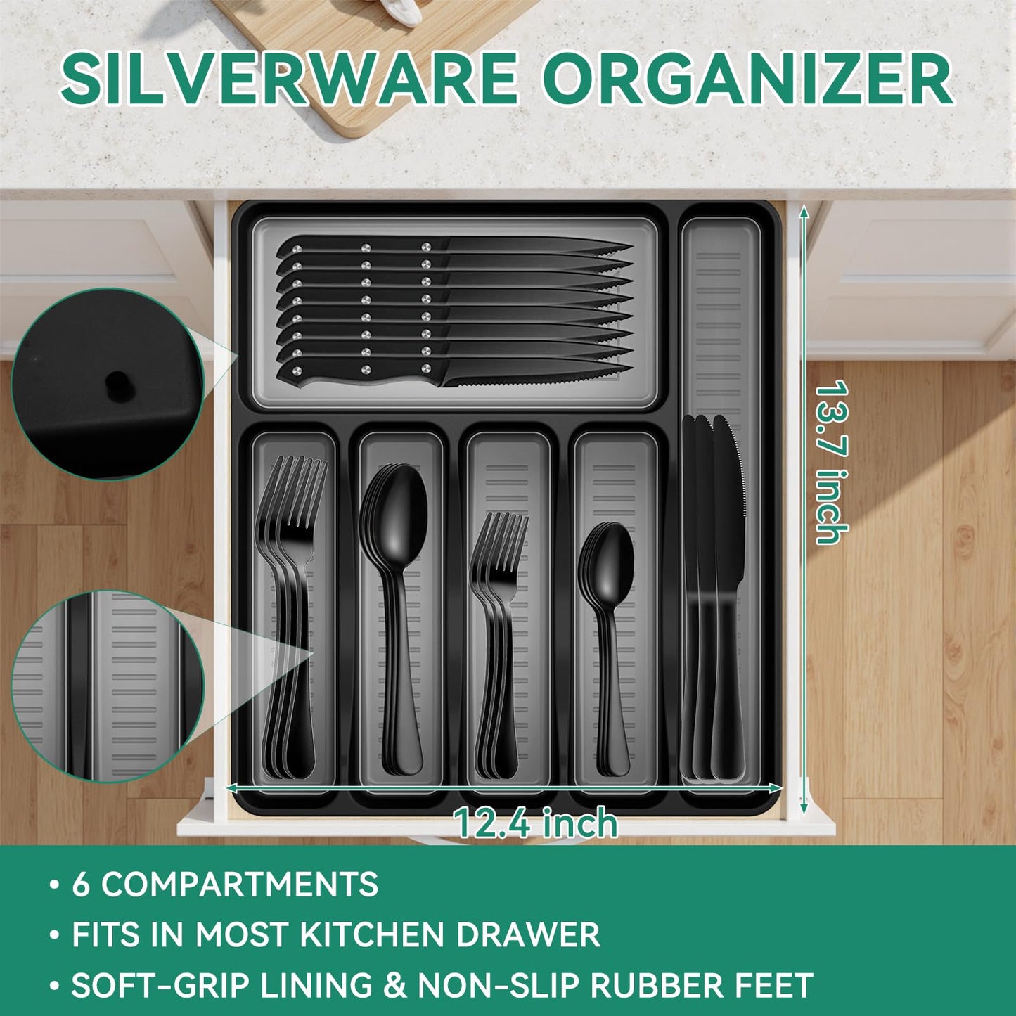 49-Piece Stainless Steel Silverware Set with Cutlery Organizer, Service for 8 with Steak Knives and Kitchen Utensils